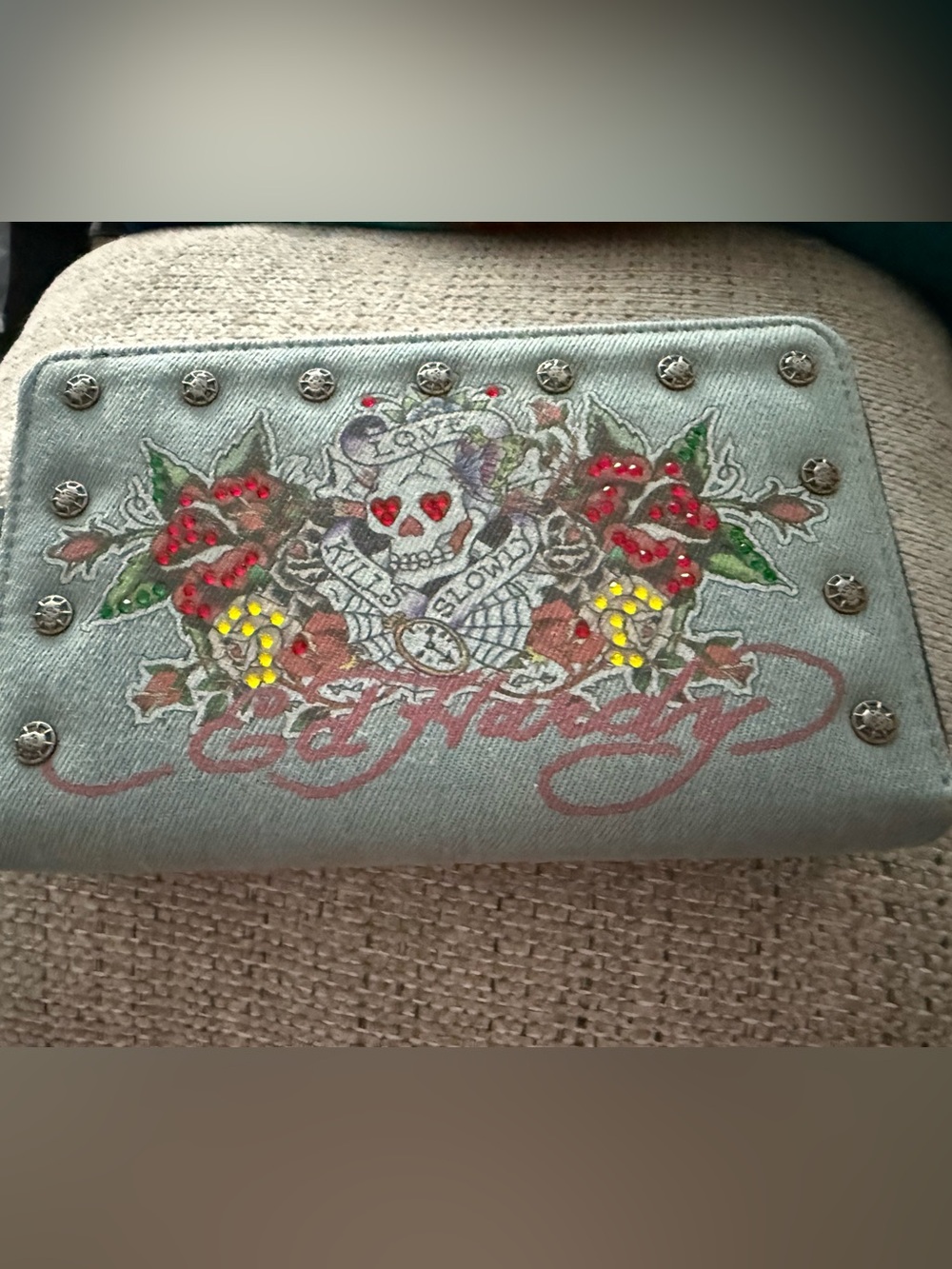 🐝NEW🐝 Ed Hardy Light Blue Studded Skull & Rose Clutch